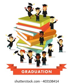 Graduation education concept  in flat style. Happy young graduate students people with graduate cap and certificate near big books