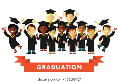 Graduation education concept in flat style. Different happy young graduate students people with graduate cap and certificate isolated on white background