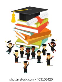 Graduation education concept  in flat style. Happy young graduate students people near big graduate cap, certificate and books