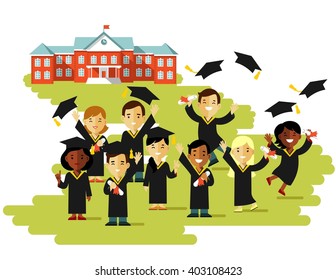 Graduation education concept in flat style. Happy young graduate students people with graduate cap and certificate on college building background