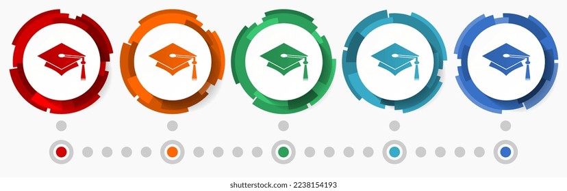 Graduación, concepto educativo conjunto de iconos vectoriales, diseño moderno botones abstractos web en 5 opciones de color, plantilla infográfica