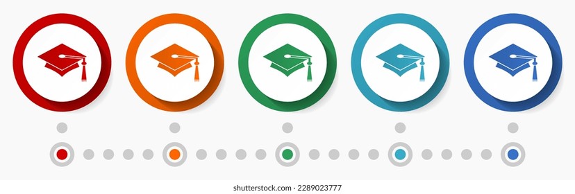 Graduation, education concept vector icon set, flat design colorful buttons, infographic template in 5 color options