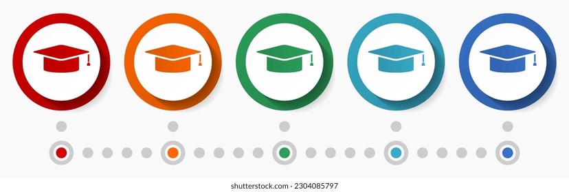 Graduación, concepto educativo conjunto de iconos vectoriales, plantilla infográfica, diseño plano, botones web coloridos en 5 opciones de color