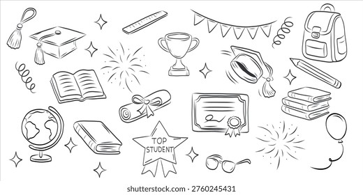 Graduation and education doodle elements set. Hand-drawn vector collection with academic symbols including diploma, books, trophy, cap and school items. Perfect for graduation design, certificates, invitations and educational projects.