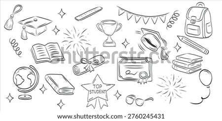Graduation and education doodle elements set. Hand-drawn vector collection with academic symbols including diploma, books, trophy, cap and school items. Perfect for graduation design, certificates, invitations and educational projects.