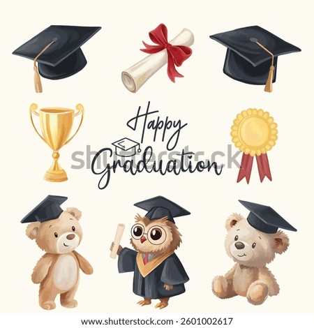 Graduation and education elements with an academic cap, diploma, bear and owl in a graduation gown, and trophy, perfect for school and student-themed designs