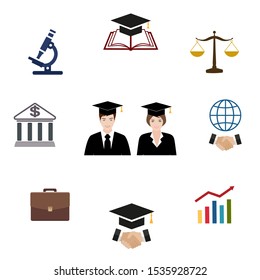 Graduation and education icons set. University and student, undergraduate and diploma, book and microscope, bank and portfolio 