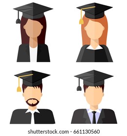 Graduation education people avatars in flat style. Different happy young students icons with graduate cap isolated on white, set.