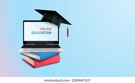 Graduation education realistic composition with gradient background and stack of books with laptop and academic hat vector illustration