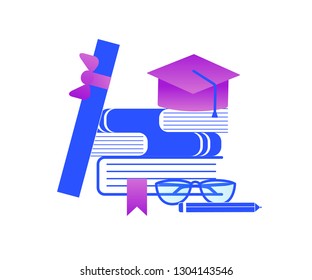 Graduation and Education Stuff. Heap of Textbooks with Academical Cap, Scroll, Glasses, Pencil Isolated on White Background. Blue and Purple Gradient Palette. Flat Vector Illustration, Icon, Clip art.