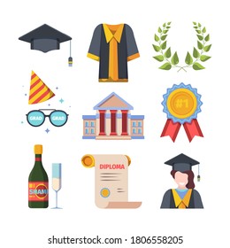 Graduation from educational institution set. Bachelors hat with tassel toga university building specialist diploma ribbon badge for best student champagne in honor successful exams. Vector success.