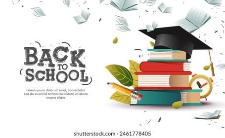 Graduation and educational web banner with stack of books and flying books surround. Back to school template