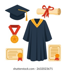 Graduation Elements Vector Set – Cap, Gown, Diploma, Certificate, and Medal Illustration
