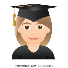 Graduation emoji.face emoji.Graduation emoticon.Female face vector.Girl emoji.Student in graduation dress.Mortar board vector.Student emoji.