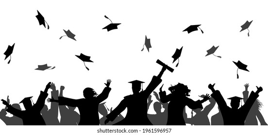 Graduation event ceremony. Happy graduate students with graduating caps and diploma or certificates, silhouette of group of people. Vector illustration.