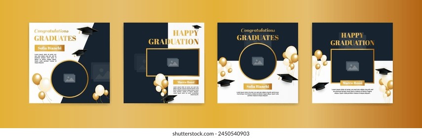 Graduation event greeting banner. Social media post banner for college graduation greetings. Photo booth props frames for graduation parties. School graduation ceremony frames for selfie vector set.