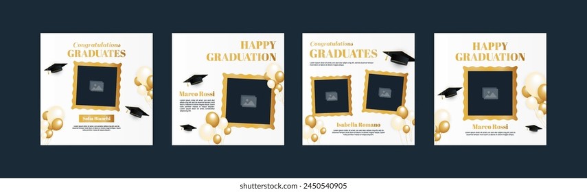 Graduation event greeting banner. Social media post banner for college graduation greetings. Photo booth props frames for graduation parties. School graduation ceremony frames for selfie vector set.