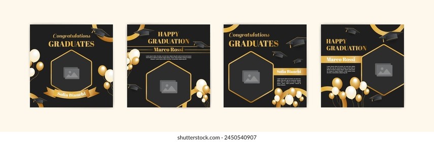 Graduation event greeting banner. Social media post banner for college graduation greetings. Photo booth props frames for graduation parties. School graduation ceremony frames for selfie vector set.