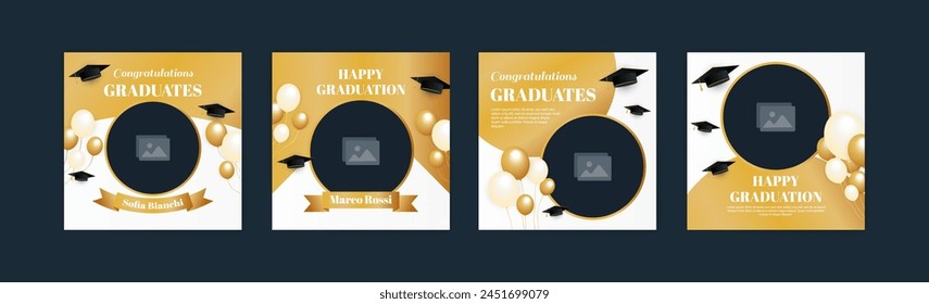 Graduation event greeting banner. Social media post banner for college graduation greetings. Photo booth props frames for graduation parties. School graduation ceremony frames for selfie vector set.