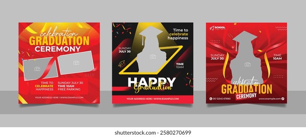 Graduation event greeting social media post education celebration square flyer wishes banner template with photo frame design set