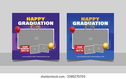 Graduation event greeting social media post education celebration square flyer wishes banner template with photo frame design set