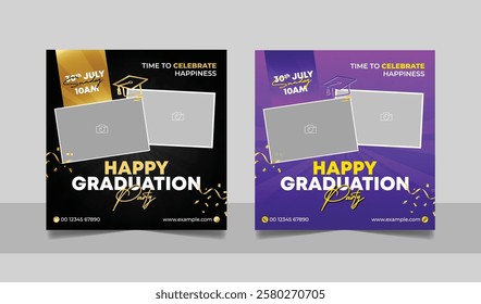 Graduation event greeting social media post education celebration square flyer wishes banner template with photo frame design set