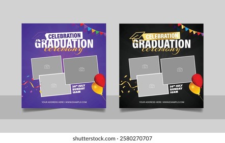 Graduation event greeting social media post education celebration square flyer wishes banner template with photo frame design set