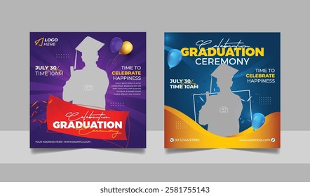 Graduation event greeting social media post education celebration square flyer wishes banner template with photo frame design set