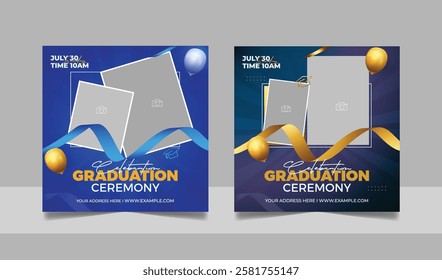 Graduation event greeting social media post education celebration square flyer wishes banner template with photo frame design set