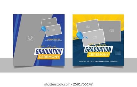 Graduation event greeting social media post education celebration square flyer wishes banner template with photo frame design set