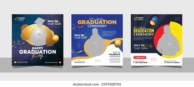 Graduation event greeting social media post education celebration square flyer wishes banner template with photo frame design set