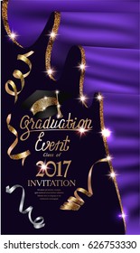 Graduation event invitation card with purple curtains with gold shiny edge and serpentine. Vector illustration