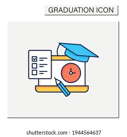 Graduation exam color icon. Final examination. Exams for successful graduation. Obtaining a diploma. Professional development. Graduation concept.Isolated vector illustration