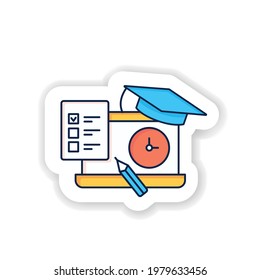 Etiqueta del examen de graduación. Examen final. Exámenes para obtener una tarjeta de graduación exitosa para los diseños. Obtener un diploma. Emblema vectorial de desarrollo profesional