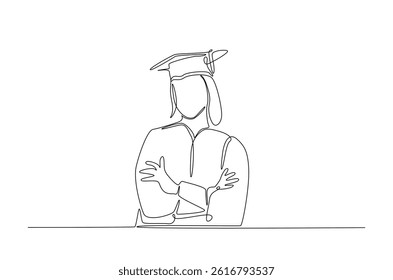 Graduation female student in continuous one line drawing. Single line art illustration of woman wearing graduation gown and cap. Editable vector.