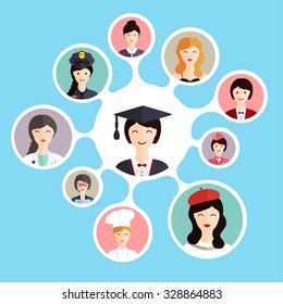 Graduation female student make career choices: businessman, doctor, artist, designer, cook, police, teacher, stewardess, admin. Vector illustration.