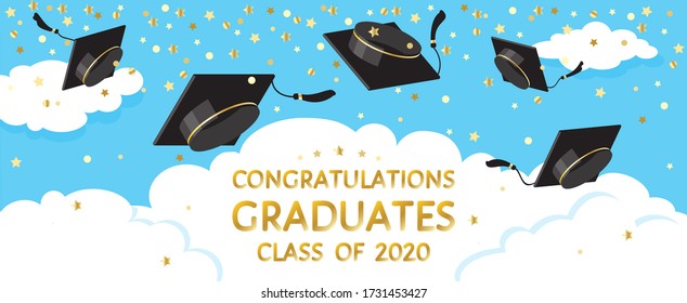 Graduation festive traditional outdoor ceremony, throwing up academic hats. Grads caps flying in the air, over the clouds, gold confetti. Congratulations class of 2020, greeting vector banner, poster.