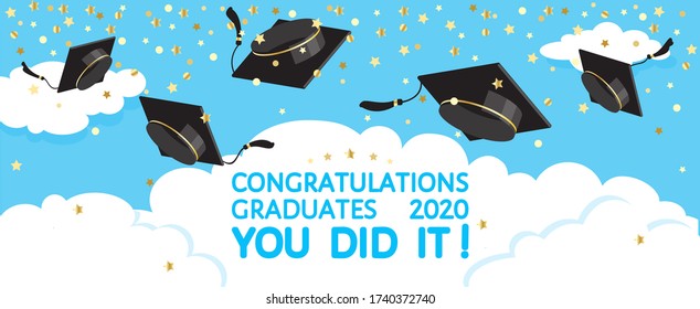 Graduation festive traditional outdoor ceremony throwing up academic hats. Grads caps flying in the air over the clouds, gold confetti. Congratulations graduates 2020, you did it vector banner, poster