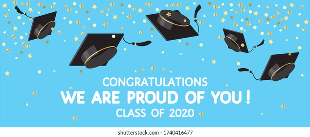 Graduation festive traditional outdoor ceremony, throwing up academic hats. Graduates caps flying in the air, gold confetti. Congratulations class of 2020, we are proud of you! vector banner, poster.