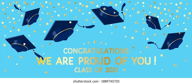 Graduation festive traditional outdoor ceremony, throwing up academic hats. Graduates caps flying in the air, gold confetti. Congratulations class of 2021, we are proud of you! vector banner, poster.