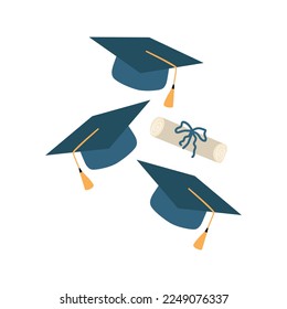 Graduation festive traditional outdoor ceremony throwing up academic hats. Congratulations graduates, you did it vector banner, poster