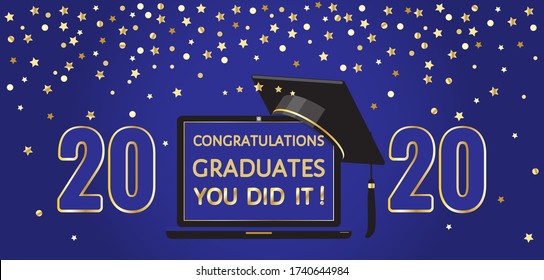 Graduation festive traditional party, ceremony, academic graduate cap golden confetti. Congratulations class of 2020, you did it! Vector banner for university, college party invitation, yearbook, card