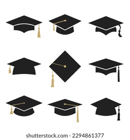Iconos de sombreros planos de graduación. Conjunto de vectores