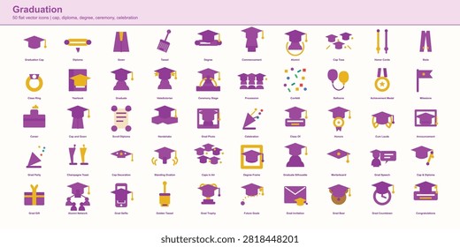 Graduation flat icon collection featuring graduation cap, diploma, gown, tassel, degree, commencement, alumni, honors and celebration on a light background.