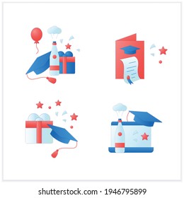 Graduation flat icons set. Graduation party, gift, online party, card. Studying concept. 3d vector illustrations