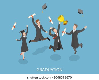 Graduation flat isometric vector concept. Happy students are jumping and rejoicing of throwing their hats and diplomas in the air.