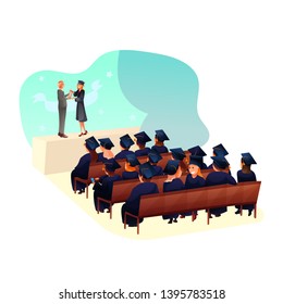 Graduation flat vector illustration. Commencement ceremony cartoon characters.
