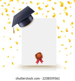Graduationsrahmen. Diplomvorlage für den Abschluss von High School, College oder Universität mit goldenem Konfetti und diese Vektorgrafik von Graduierung und Leistung