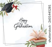 Graduation frame with spring leaves and educational elements, perfect for school achievements and celebrations