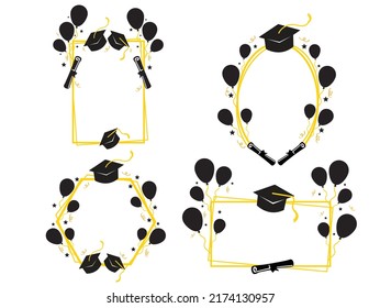 Graduation frames with balloon party, Graduate student class 2022. School graduation ceremony frame for selfie vector set Vector illustration